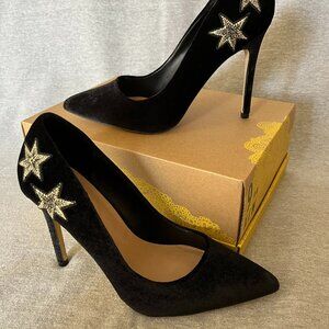 Mix No. 6 Black Velvet Heels w/ Gold Stars.  Never Worn.  Size 7.5 US | 38 EU